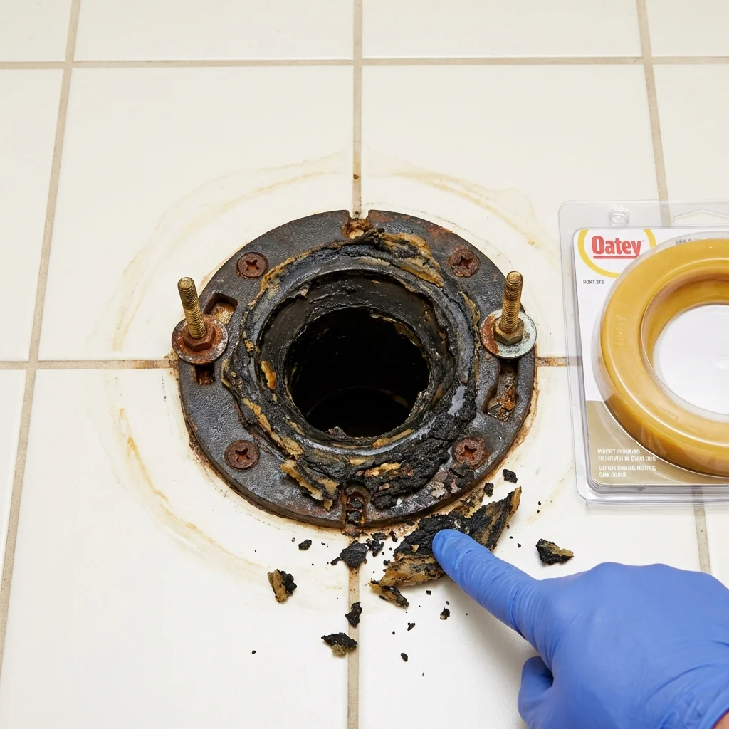 Failed wax ring showing water seepage at the base of a toilet in a Monticello, MN home