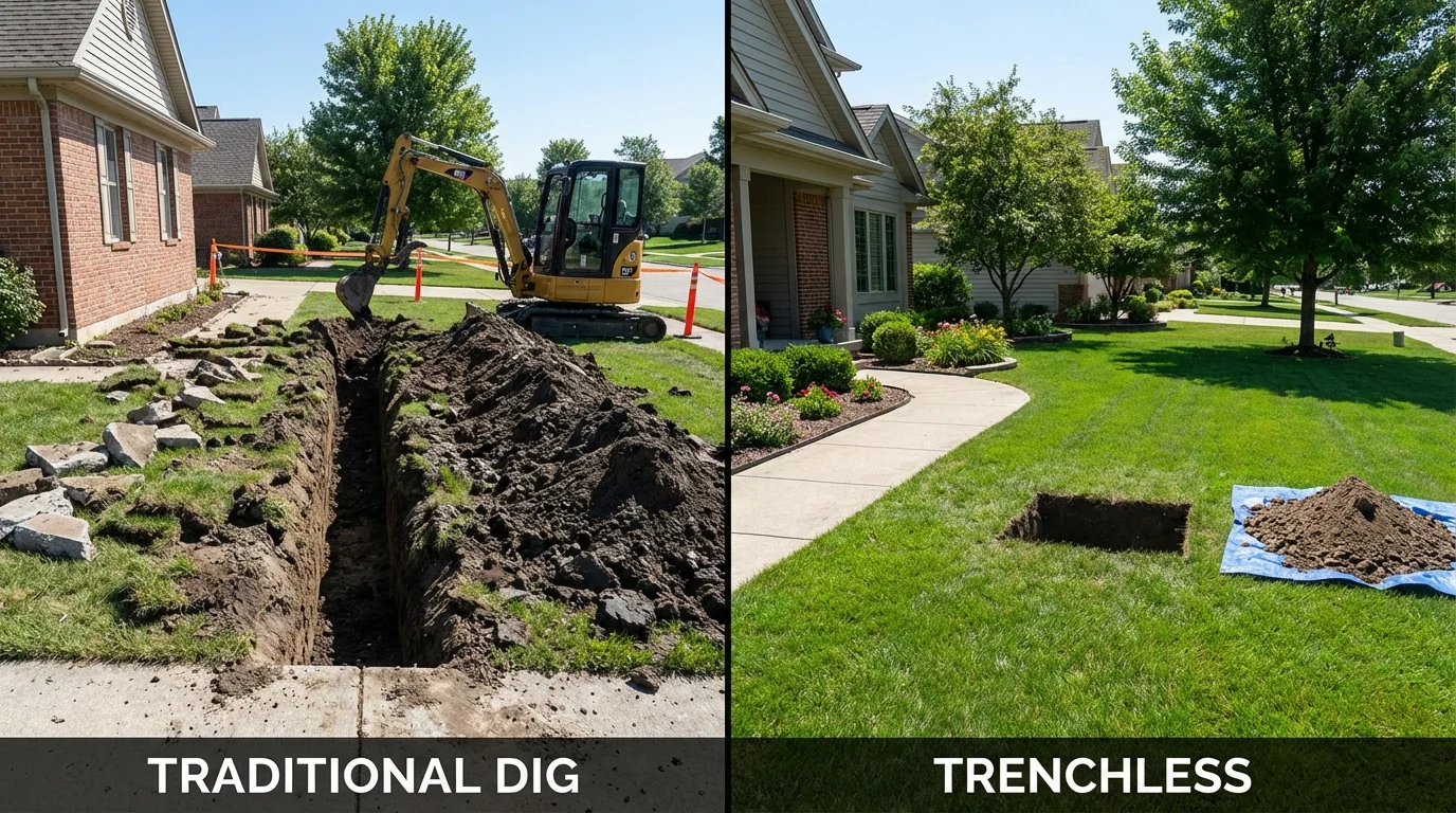 Trenchless sewer repair with minimal yard damage versus traditional excavation in Monticello, MN