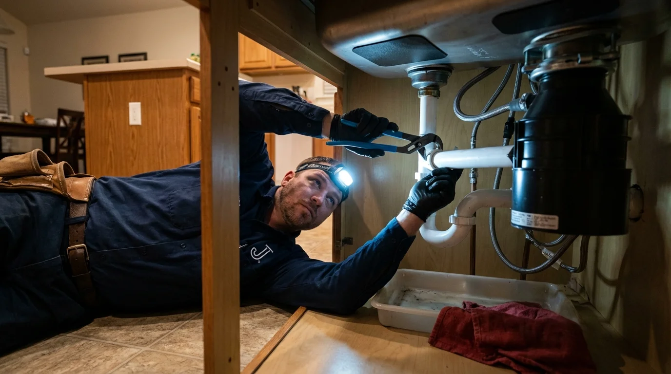 P-trap and supply line connections under a kitchen sink showing a common leak point in Monticello, MN